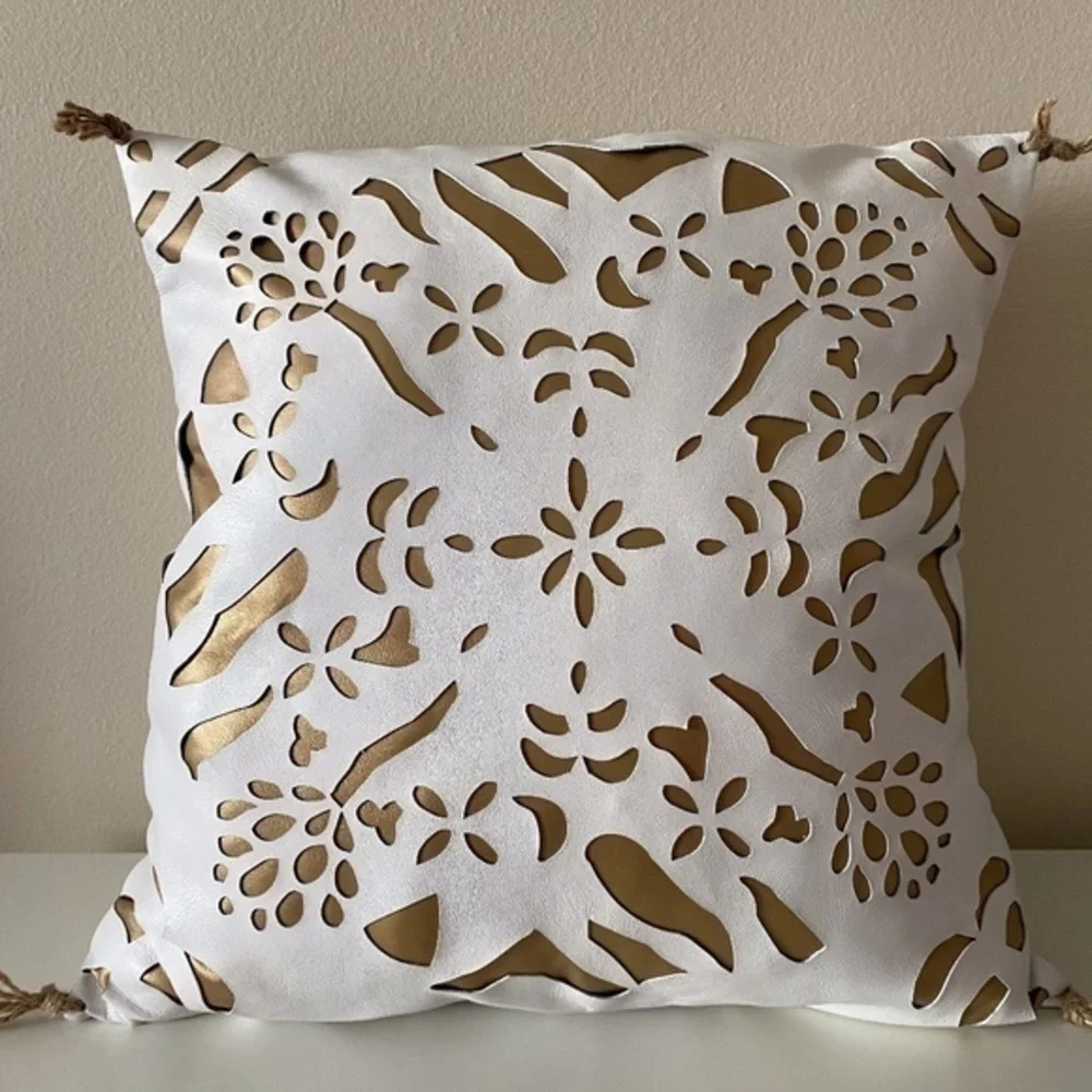 Anthropologie White Leather Gold Inlay Pillow
